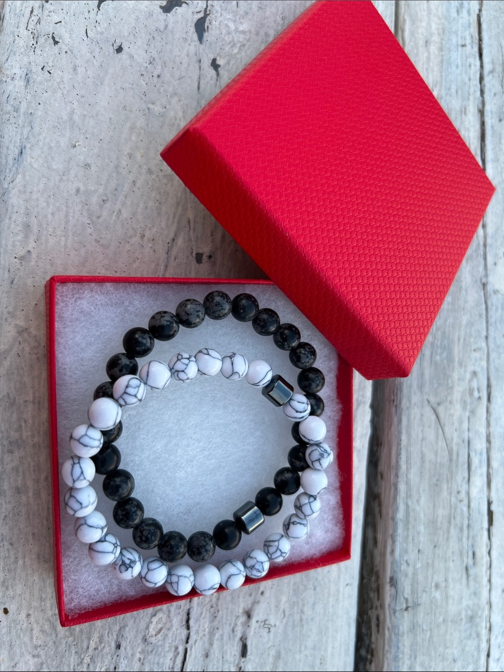 Large Stretch Black and White Beaded Stackable Bracelet Set